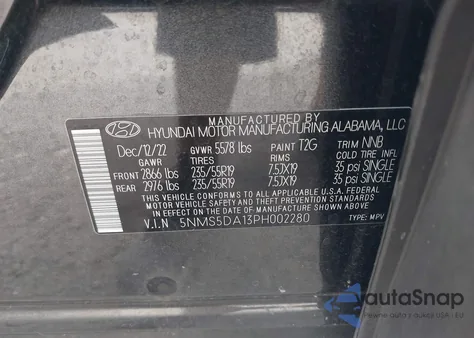 2023 Hyundai Santa Fe Hybrid Limited z USA, uszkodzony, nr VIN 5NMS5DA13PH002280